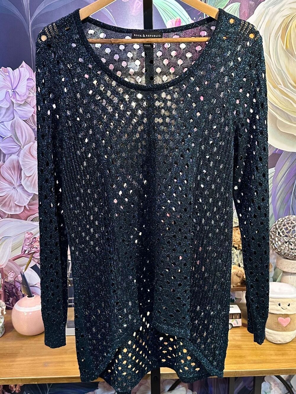 Rock & Republic XL Metallic Open Knit Sweater Tunic Y2K Glam Goth Black Blue